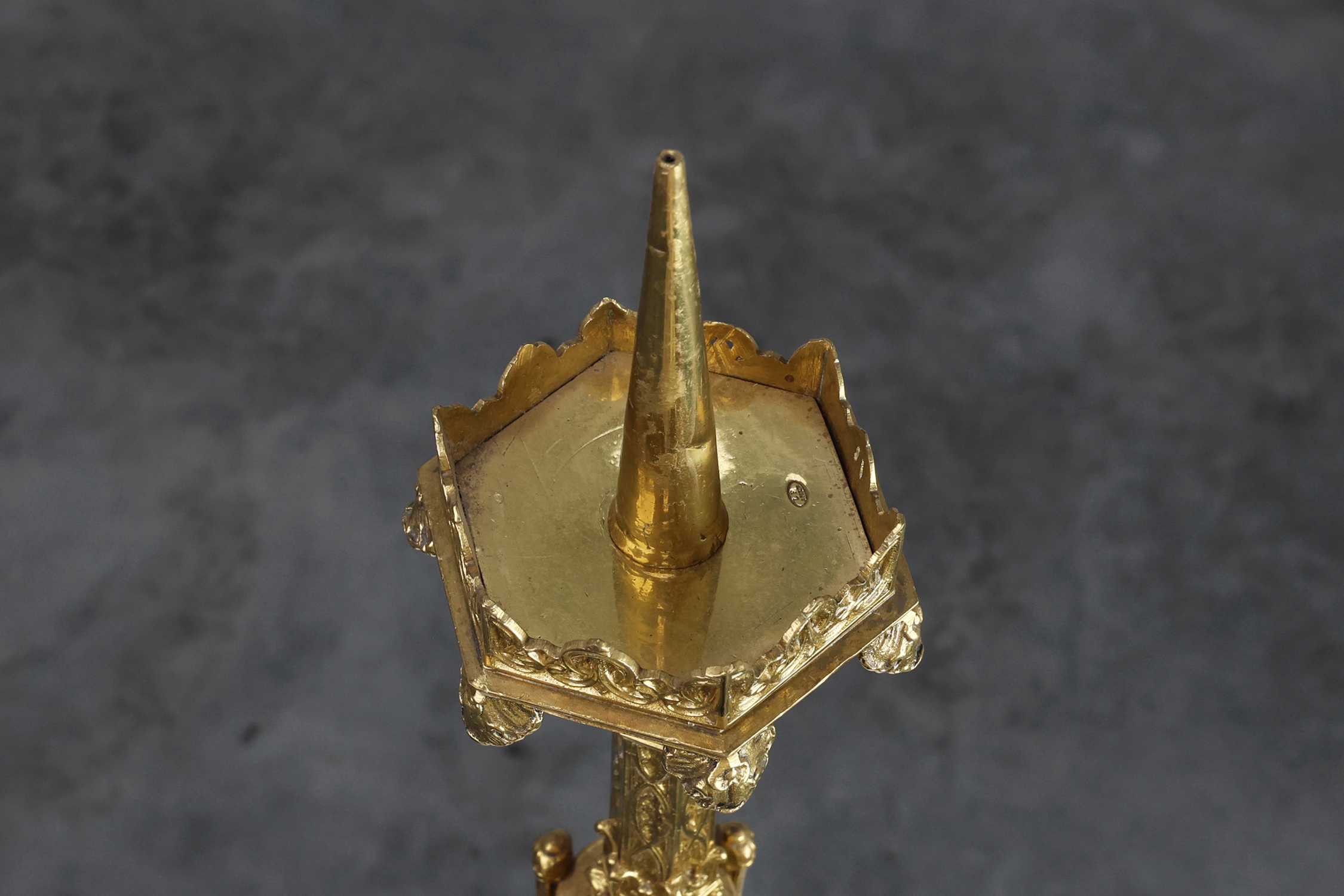 Neo‑Gothic Copper Church Candleholder Stamped “LL A Paris”, France ca. 1880thumbnail